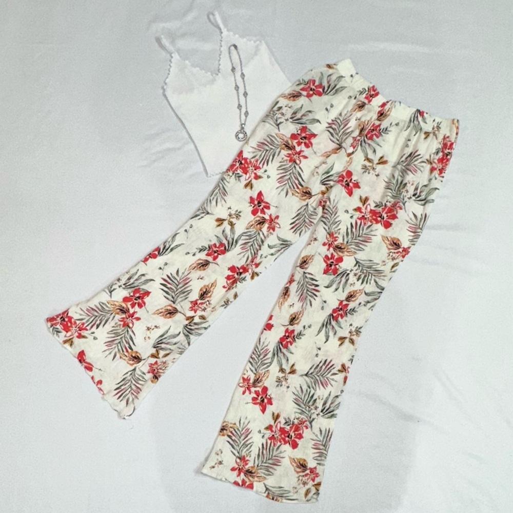Fashion Nova Tropical Floral Wide Leg Pants - Rust and Green on Cream - Picture 2 of 5